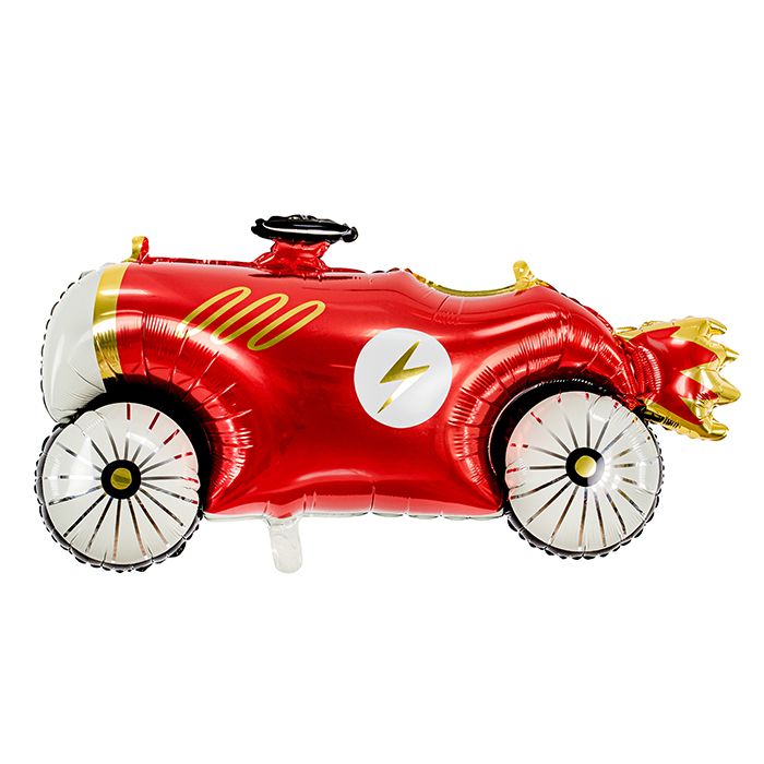 Folieballon in de vorm van een raceauto in rood, wit, goud en zwart - Maak een statement op je racefeest! Deze indrukwekkende folieballon voegt een speels accent toe aan je feestdecoratie en zorgt voor een onvergetelijke visuele impact. Verjaardagsfeest, verjaardag, feest, kind, themafeest, auto, auto's, race, versiering, thema. decoratie, Vintage race auto feestversiering voor een kleurrijk racing feestje, snelle auto's of van racen op een racebaan, Meri Meri